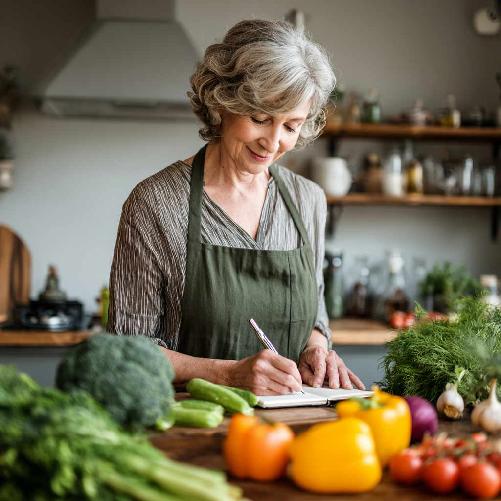 Healthy middle-aged woman planning nutritious meals with fresh vegetables